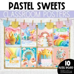 pastel sweets classroom posters with rainbows and clouds