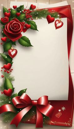 a christmas card with red roses, holly and hearts on white paper in the center