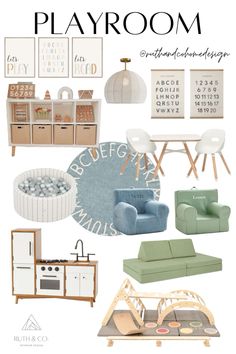 a collage of furniture and decor in pastel colors with the words playroom on it