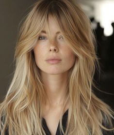 Blond Balayage With Bangs, Drape Bangs Long Hair, Curtain Bangs Side Part Haircuts, Long Hair Fringe Bangs, 70s Long Hairstyles, 70s Bangs Fringes, Long Bangs Straight Hair, 70s Fringe Hair Long, Hairstyles With Fringe Bangs