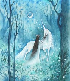 a painting of two unicorns in the woods