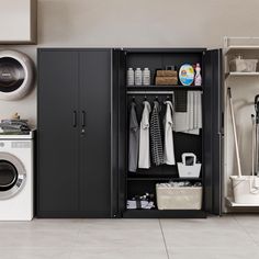 a washer and dryer are next to each other in a room with white tile flooring