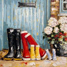 an oil painting of boots and flowers in front of a blue door