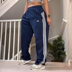 Classic Adidas wide leg oversized fit windbreaker track pants 🍂 Tag says Size L and can be unisex  31" inner leg Seen on size 10uk, 5'4" for reference overall Good condition joggers sportswear trackie track-pant tracksuit bottom sweatpants casual streetwear baggy pants parachute pants y2k 00s gymwear activewear unisex  64 Baggy Adidas Track Pants, Adidas Blue Jogging Bottoms, Vintage Blue Nike Track Pants, Adidas Track Pants Blue, Adidas Vintage Track Pants, Windbreaker Track Pants, Blue Adidas Track Pants, Pants Y2k, Classic Adidas