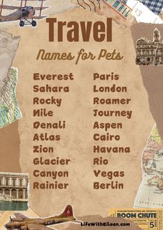 an old poster with the names of travel destinations