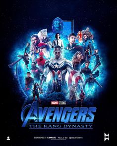 the avengerss movie poster with all their characters in blue and black colors, including captain america