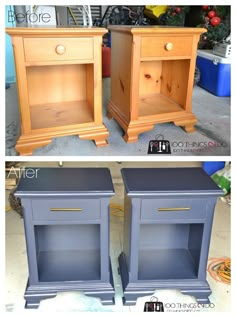 before and after photos of an old nightstand makeover