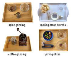 four different types of cooking utensils on trays with words describing them in english