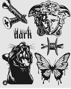 four black and white images of different animals, including a lion, a tiger, an eagle