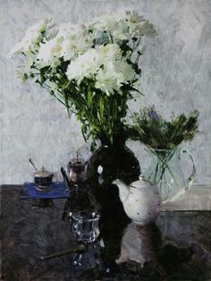 a painting of white flowers in a vase and teapot on a table with other items