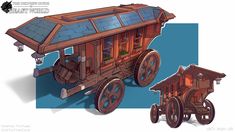 an image of a wooden cart with solar panels on it's roof and wheels