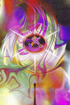 an abstract painting with a person standing in front of a clock tower and colorful swirls