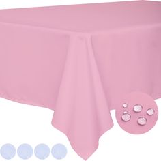 the table cloth is pink with white circles on it and there are four different colors to choose from