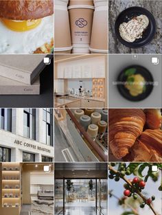 the collage shows different types of food and drinks in each photo, including croissants