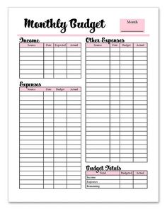 a printable budget sheet with the words,'money budget'in black and pink