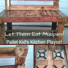 some kind of wooden bench that is made out of pallet kids's kitchen play set