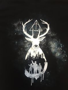 a black t - shirt with an image of people standing in front of a deer's head