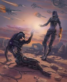 an alien attacking another alien in the desert