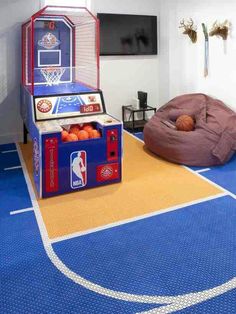 an indoor basketball game is set up in the living room