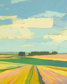 an abstract painting of yellow, green and pink fields under a blue sky with clouds