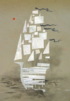 an abstract painting of a sailboat sailing in the ocean with red dot above it