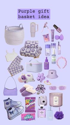 the purple gift basket idea is displayed on a blue background with other items in it