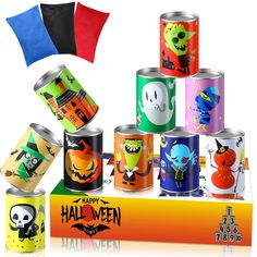 PRICES MAY VARY. Interesting Halloween game: the package contains 10 pieces Halloween carnival cans in different patterns and 3 pieces carnival can bean bags in different colors including red, blue and black, nice game supplies to make fun Enhance festive atmosphere: each carnival metal can is printed with classic Halloween elements including ghost, pumpkin, skeleton, witch and so on, easily create a joyful atmosphere and make people immerse in it; Each can is also printed with a number, brings Carnival Games Halloween, Games Halloween Party, Halloween Carnival Games, Bean Bag Games, Games Halloween, Carnival Holiday, Holiday Birthday Party, Kids Carnival, Bean Bag Toss Game