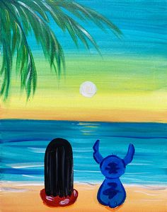 an acrylic painting of two people on the beach at sunset with palm trees