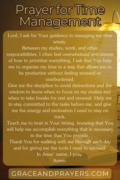 a prayer for time management with an image of a desk and lamp in the background