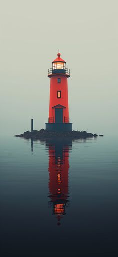 a red light house sitting on top of a body of water