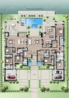 the floor plan for an apartment complex with swimming pool and hot tubs on each side