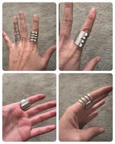 four different views of the same person's hand with rings on each finger and fingers