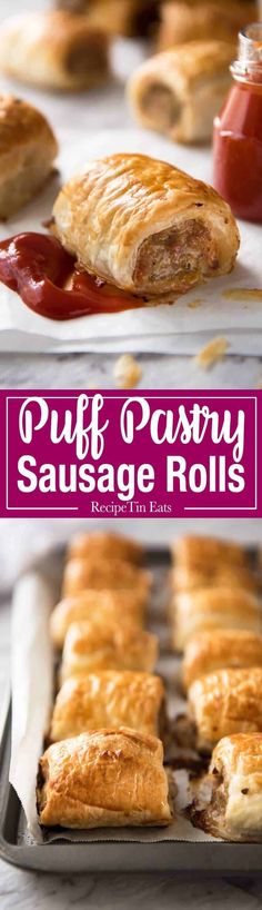 puff pastry sausage rolls with ketchup and sauce on the side, in pans