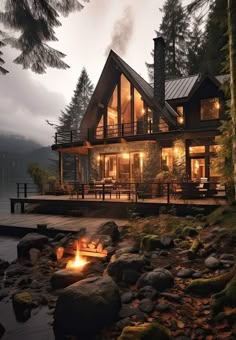 a house with a fire pit in front of it on the side of a lake