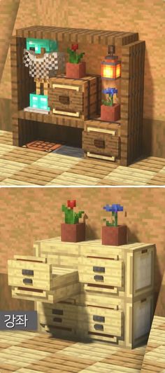 two pictures of the same room in minecraft, one is empty and the other has plants on it