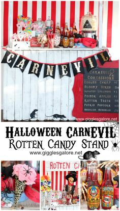 halloween candy stand with red, white and black striped banner over it that says rotten candy stand