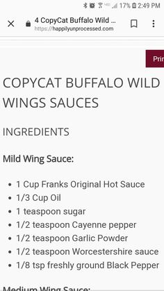 the menu for copycat buffalo wild wings sauces