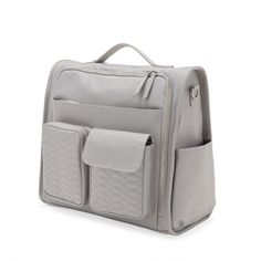 a gray bag with two compartments and one pocket