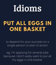 an advertisement with the words idoms put allegs in one basket to defend for your success on a single person or plan of action