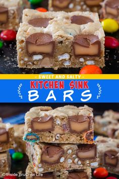 three different pictures of candy bars stacked on top of each other with the words, sweet and salty kitchen pink bars