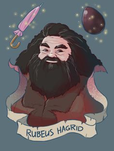 an illustration of a man with long hair and beard, wearing a banner that says rubus hagrid