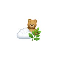 a brown teddy bear sitting on top of a cloud with green leaves in front of it