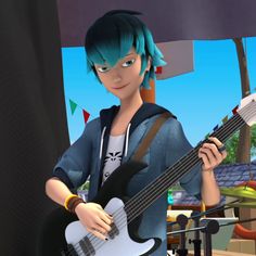 a boy with blue hair is playing the guitar