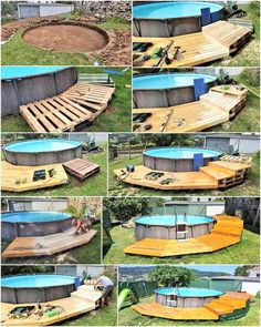 an above ground swimming pool made out of pallets and wooden planks is shown