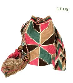 a multicolored bag with tassels on the front and side, sitting next to a white background