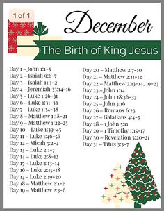 the birth of king jesus with christmas tree and presents on it, in green and white