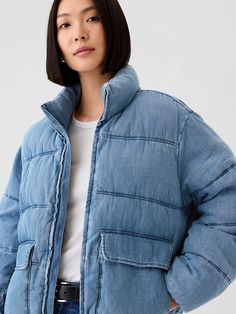 Oversized Denim Puffer Jacket Washed Blue Utility Outerwear For Winter, Winter Utility Outerwear In Washed Blue, Medium Wash Utility Outerwear For Winter, Winter Utility Outerwear In Medium Wash, Gap Denim Blue Cotton Outerwear, Gap Relaxed Fit Winter Outerwear, Gap Medium Wash Outerwear For Fall, Gap Denim Winter Outerwear, Winter Cotton Denim Jacket By Gap