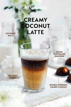 the ingredients for a creamy coconut latte are shown in this graphic above it's description