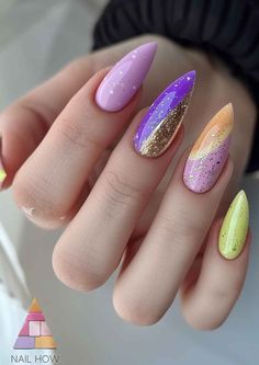 Spring vibrance is at your fingertips with these lively, glitter-infused stiletto nails, perfect for any springtime celebration. #GlitterNails #VibrantNails #SpringFestivities Spring Nails 2024 Trends Purple, Pushing Boundaries, Cherry Blossom Art, Vibrant Nails, Top Nail, Best Salon, Gradient Nails, Spring Nail