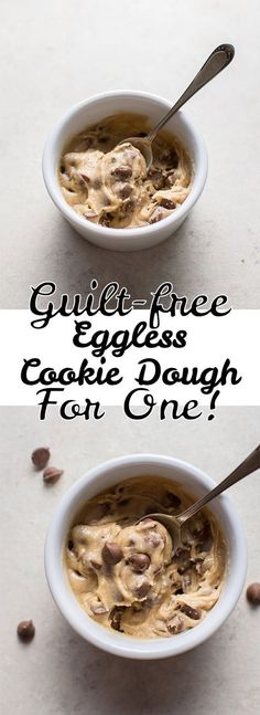 two bowls filled with cookies and pudding on top of a white table next to each other